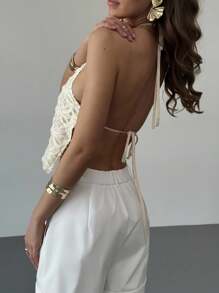 Aloruh Áo crop top hở lưng cổ yếm màu trơn dành cho nữ, đi biển mùa hè, kỳ nghỉ nhiệt đới - trắng - Xem 3