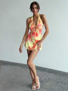 Aloruh Váy ôm sát cơ thể hở lưng chữ V sâu phong cách nghỉ mát châu Âu và Mỹ mới cho mùa hè - Màu vàng - Xem 5