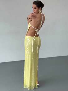 Aloruh Váy Maxi Sequin Chữ H Lưng Thấp Màu Vàng, Lãng Mạn Cho Buổi Hẹn Hò - Màu vàng - Xem 2