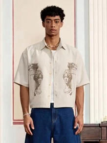 SWAVVY Áo sơ mi nam tay ngắn, cài khuy đơn, họa tiết chân dung La Mã - Màu be - Xem 3