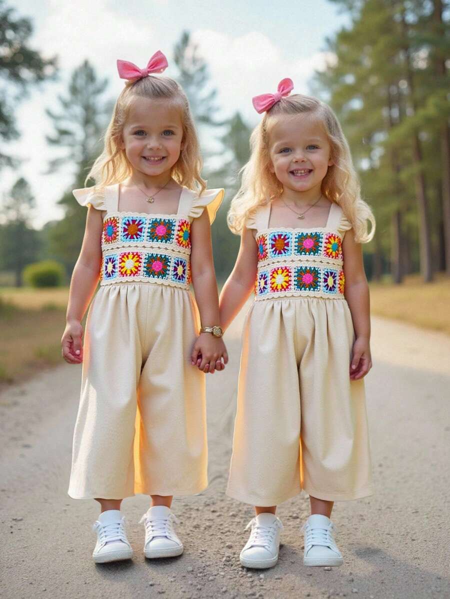 SHEIN Mono holgado y casual minimalista y cómodo para bebé niña con decoración de ganchillo y volantes - Albaricoque - Ver 1