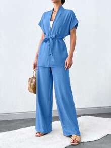 SHEIN Tall 纯色无袖休闲夏季高腰女士两件套（配腰带） - 淺藍色 - 查看 6