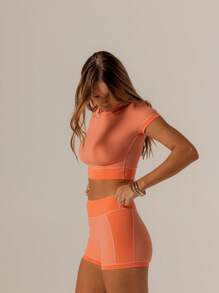Aralina 休闲运动服套装，撞色可爱夏季上衣和自行车短裤组合，非常适合夏季度假装或机场装 - 珊瑚橙 - 查看 10