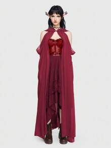 ROMWE Fairycore Forest Fairy Queen Solid Color Hooded Loose Vintage Cape - Burgundy - View 3