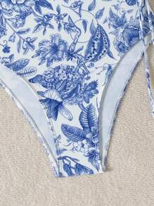 Swim Vcay Bộ đồ bơi liền thân hở lưng in họa tiết màu xanh và trắng ngẫu nhiên dành cho nữ, dây đeo có thể điều chỉnh, đa năng cho trang phục đi biển, ngày lễ và thường ngày - Màu xanh lam - Xem 4