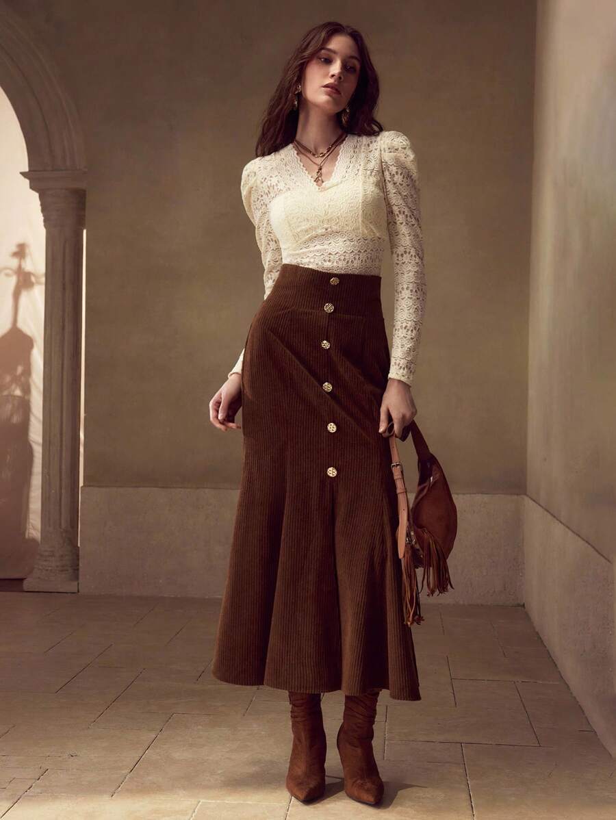 MOTF PREMIUM 灯芯绒金色纽扣细节美人鱼裙 - 棕色 - 查看 1