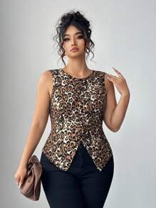 Elenzga Camiseta de tirantes con cuello redondo y bajo asimétrico con estampado de leopardo para tallas grandes - Marrón - Ver 5