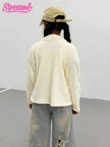 Tween Girl Casual Everyday Streetwear Warm Fuzzy Loose Batwing Long Sleeve Cropped Shrug Jacket, Apricot - Apricot - View 2