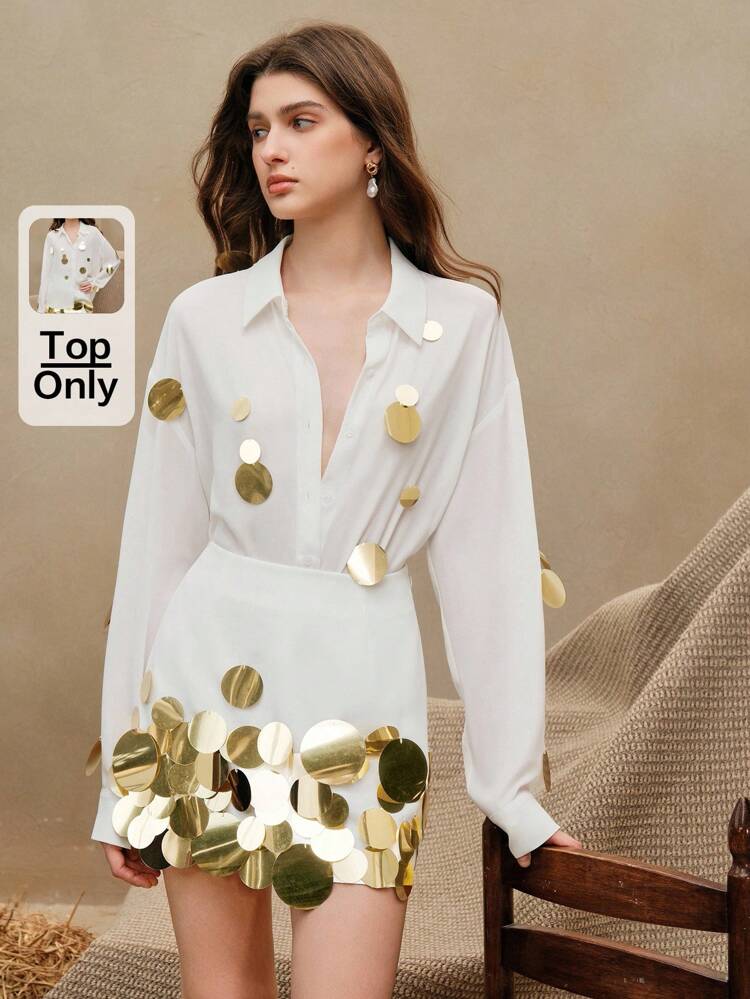Handmade Silver Sequin Decorated Versatile Chiffon Blouse, Spring For Women