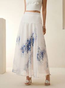 Anewsta Women's Woven Fabric Maxi Skirt In White With Blue Floral Print - Multicolor - View 3