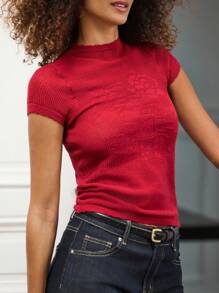 lacRébo Blusa con patrón de flores rojas a crochet con detalle de borde de concha, atuendos de maestro, salida, atuendos de oficina - Burdeos - Ver 4