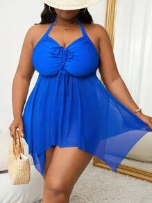 Slaydiva Plus Size Women's Solid Color Drawstring Asymmetric Hem Halter Swimsuit Skirt, Paired With Bottoms For Summer Beach Vacation