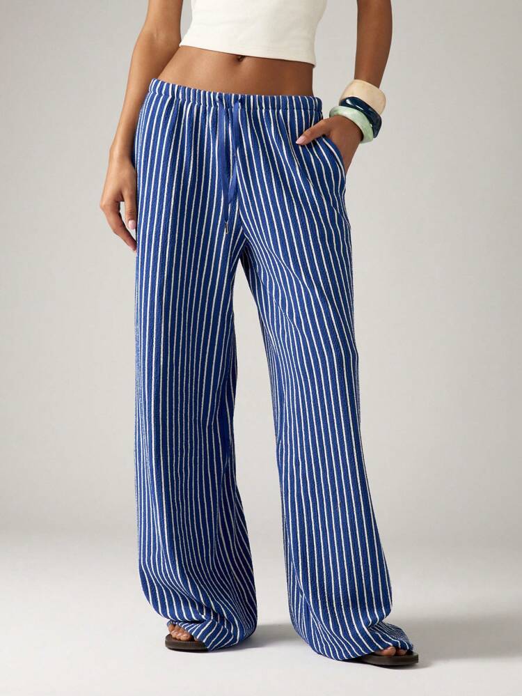 Striped Wide Leg Palazzo Pants With Drawstring