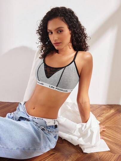 EasyFave Comfy Women's Letter Jacquard Lace Patchwork Ribbed Bra Bralettes For Women Racerback Bralette Ribbed Bralette Bralette With Lace