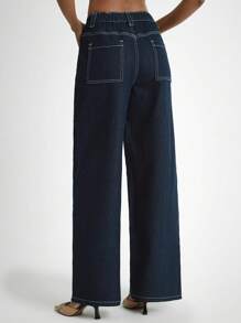 Daynim Women's Casual Vacation Button Fly Wide Leg Jeans Casual Pants Going Out Pants - Dark Wash - View 2
