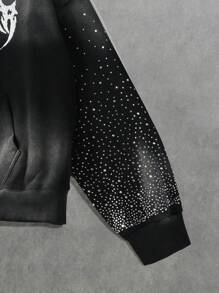 ROMWE MEN Street Life Sudadera con capucha para hombre con bordado de rhinestones y efecto lavado desteñido - Negro - Ver 2