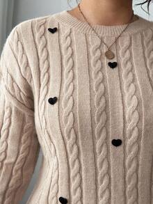 Elenzga Plus Size Women Solid Color Knitted Round Neck Heart Soft Cozy Cable Knit Long Sleeve Pullover Sweater, Cute & Sweet, Autumn/Winter Fall