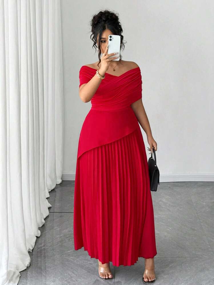 Elenzga Vestido de verano elegante y romántico de hombros descubiertos para mujer de talla grande - Rojo - Añade 1