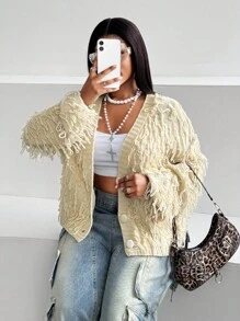 Maweii Plus Size Women's Fringed Cardigan,Beige,Autumn,Smart Casual,Date Night,Exquisite Button,Elegant Long-Sleeved Fuzzy Knit Sweater,Versatile Ladies' Top - Apricot - View 7