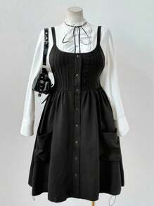 Sunspun 大码无袖连衣裙，带纽扣装饰口袋和抽绳下摆