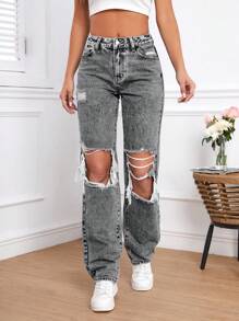 SHEIN Tall Damen Gerade geschnittene Loose Fit Jeans mit Taschen und Destroyed-Effekt