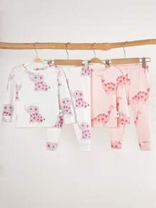 Set pigiama da 4 pezzi per neonata, morbido e confortevole, aderente, con stampe carine di cuore, elefante e dinosauro, top a maniche lunghe e pantaloni