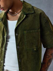 ROMWE MEN Street Life Herren-Jeanshemd mit Reverskragen, kurzen Ärmeln, einreihig, lässig, mit Tasche