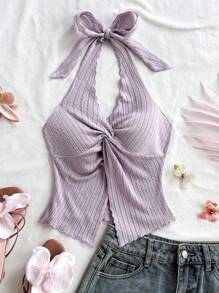 Soleia Fashionable Sexy Halter Tied Twist Hem Slit Backless Camisole,Rave Top - Mauve Purple - View 3