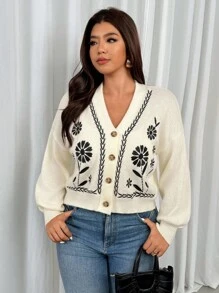 Firerie Plus Size Women Embroidered V-Neck Drop Shoulder Contrast Color Casual Loose Cardigan Autumn Winter Clothes For Women Fall/Winter - Apricot - View 2