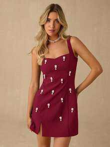 Enchnt Vestido mini sin mangas con decoración de perlas falsas de color vino tinto elegante y romántico para mujer, dulce y elegante para vacaciones, citas, fiestas, graduación, invitada de boda y playa, vestido de graduación, vestidos elegantes para fiesta