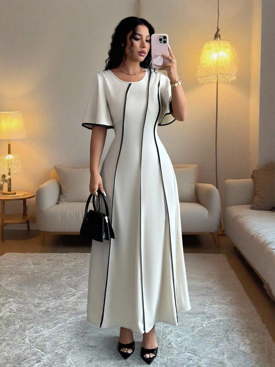 Rafferiza 女士常规夏季新款圆领短袖连衣裙，黑色撞色条纹拼接，收腰，优雅长裙，适合外出、家庭聚会，百搭 - 彩色 - 查看 1