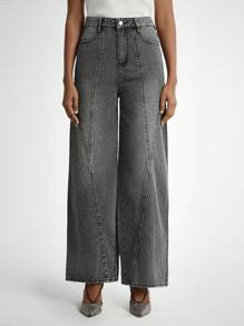 Daynim 女士休闲口袋阔腿宽松牛仔裤 - 淺灰色 - 查看 3