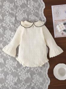 SHEIN Baby Girls Sweater Bodysuit, Long Sleeve Knitted Bodysuit, Comfortable And Cute, Suitable For Autumn/Winter, Apricot Color, Elegant For Daily, Indoor, Outdoor And Travel Fall