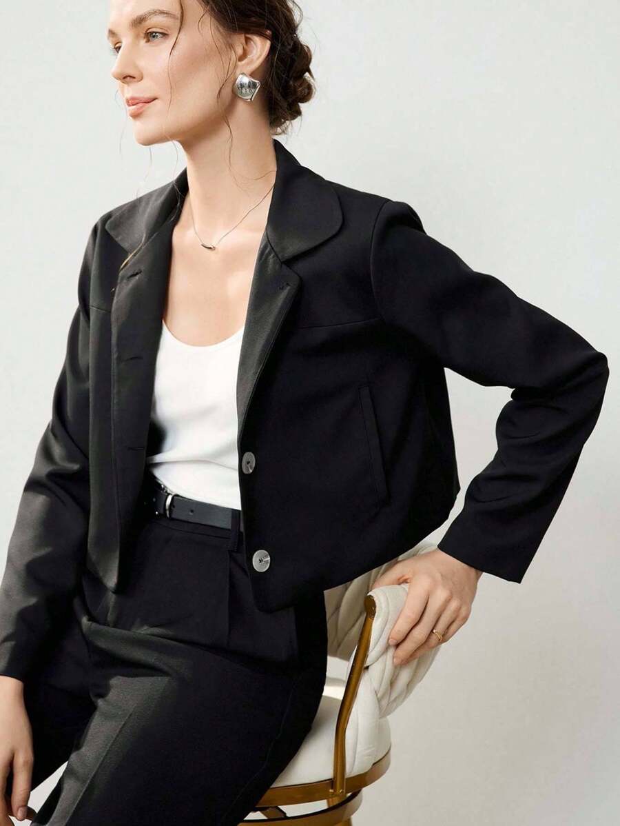 Uhlyne Women's Solid Color Short Jacket With Lining, Versatile For Autumn,Autumn,Minimalist,Business Casual,Holiday Outfits,Work Wear,Teacher Outfits,Back To School,Fall,Old Money Style - Black - View 1