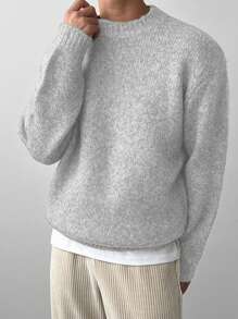 DAZY 男士纯色休闲日常简约百搭宽松落肩毛衣，适合秋季 - 灰色 - 查看 2