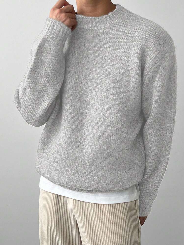 Men Solid Color Casual Everyday Simple Versatile Loose Drop Shoulder Sweater, For Autumn