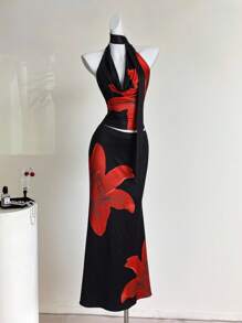 Sweetra Women's Tropical Floral Print Blouse & Mini Skirt Set, Suitable For Spring/Summer Holiday - Black - View 3