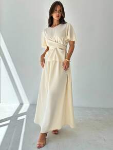 Firerie 女士优雅休闲通勤杏色圆领荷叶边短袖修身衬衫上衣和 A 字宽松短裙 2 件套 - 杏色 - 查看 4