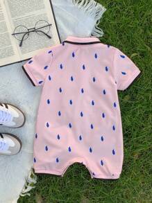Baby Boy Feather Pattern Knit Soft Turndown Collar Short Sleeve Romper With Shorts - Dusty Pink - View 7