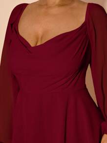 SHEIN BAE Plus Size Women's Early Spring/Fall Long Sleeve Daily/Holiday/Party Plunging Neck Draped Slit Black Solid A-Line Satin Sexy Mini Jumpsuit For Vacation/ Plus Size Wine Dress/ Long Sleeve Elegant Dress/ Plus Size Romper Dress,Fall Clothes For Women,Valentine's Day,Valentine Outfits For Women