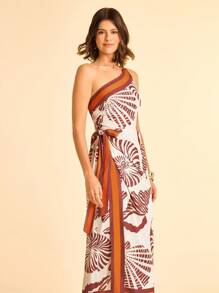 CAJUNI 女士度假棕色和橙色撞色饰边贝壳印花扭纹后背褶饰系带连衣裙，适合暑假、约会、派对、海滩、返校 - 彩色 - 查看 1