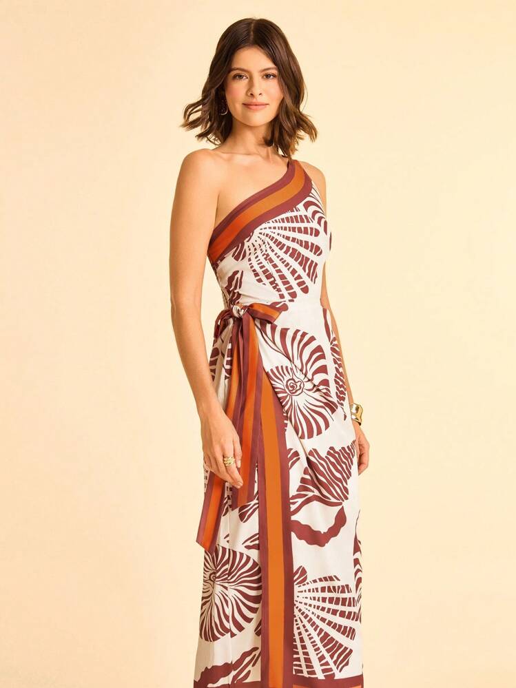 CAJUNI 女士度假棕色和橙色撞色饰边贝壳印花扭纹后背褶饰系带连衣裙，适合暑假、约会、派对、海滩、返校 - 彩色 - 查看 1