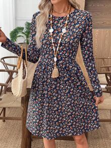 EMERY ROSE Women's Ditsy Floral Round Neck Long Sleeve Casual Mini Dress, Suitable For Vacation Fall Dresses Fall Clothes Winter Clothes For Women Office Dress Work Dresses For Women
