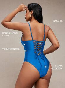 SHEIN Swim Women's Slimming Drawstring One Piece Swimsuit, Elegant Design - Blue - View 2