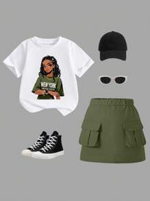 Sparklyn 2 件套青少年女孩休闲可爱女孩图案短袖圆领 T 恤和工装裙，适合夏季