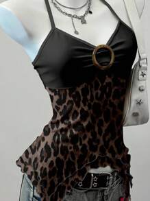 SHEIN EZwear 印花网眼复古豹纹波西米亚风女式吊带背心，Grunge，Y2K，适合街头潮流 - 彩色 - 查看 4