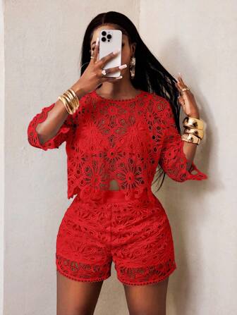 BamGleam 性感镂空蕾丝透视喇叭袖四季针织女式衬衫，高级女式上衣，修身优雅圆领上衣