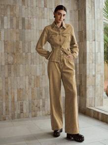 MOTF PREMIUM FLAP DETAIL PEPLUM HEM DENIM JACKET & WIDE LEG JEANS SET - Khaki - View 3