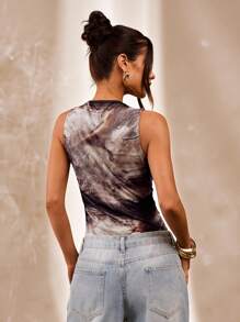 SHEIN BAE Women's Tie-Dye Ruched Asymmetric Tie-Dye Print Bodysuit, Spring/Summer - Khaki - View 3
