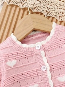 SHEIN 2pcs Baby Girls Pink And White Heart Pattern Knitted Cardigan+Pants Set,Cute Autumn Matching Family Outfit,Soft Casual Fall Winter Clothes For Infant - Pink - View 10